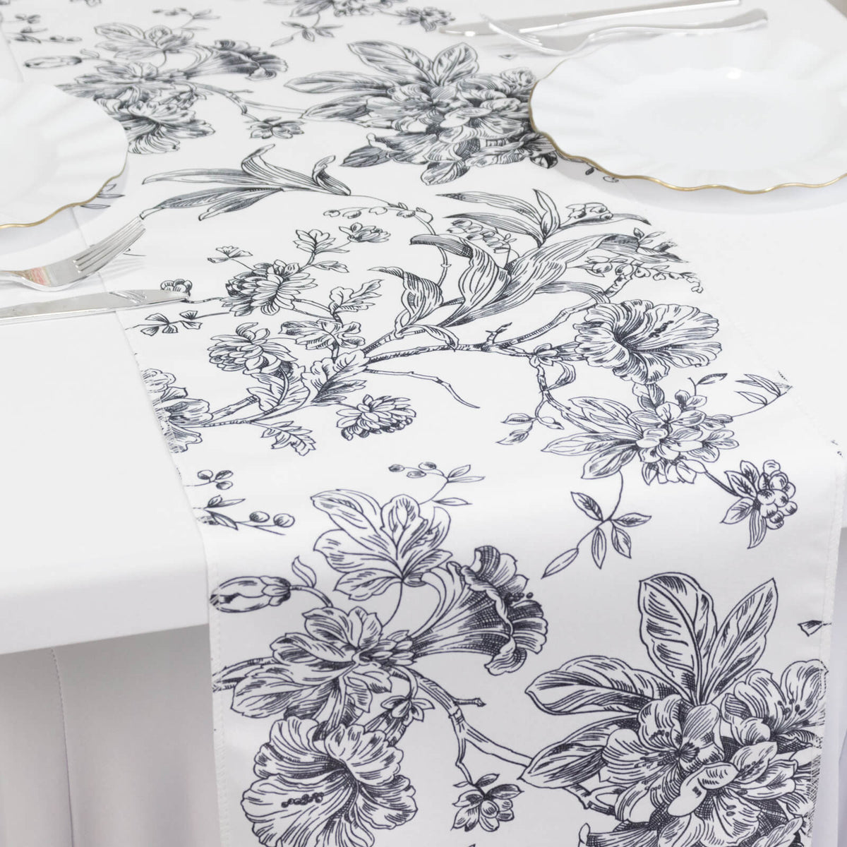 Polyester Table Runner 12"x108" White with Black French Toile Floral Print Reusable Table Décor